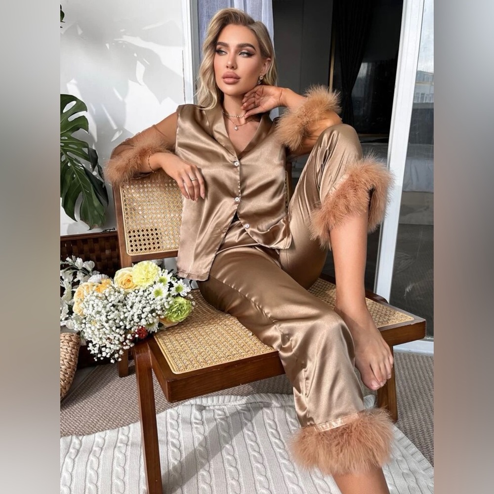 Fuzzy Trim Mesh Panel Shawl Collar PJ Set